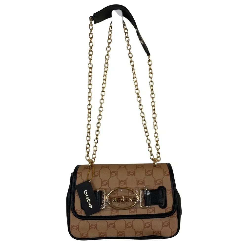 Bebe Monogram Crossbody Bag Tan‎ Black Gold Chain Strap Logo Shoulder Bag NEW